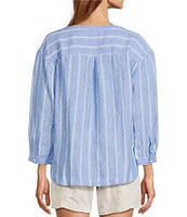 L.L.Bean Linen Twill Striped Split Round Neck Long Sleeve Blouse