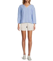 L.L.Bean Linen Twill Striped Split Round Neck Long Sleeve Blouse