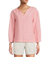 L.L.Bean Linen Striped Split Round Neck Long Sleeve Blouse