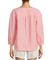 L.L.Bean Linen Striped Split Round Neck Long Sleeve Blouse