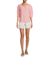 L.L.Bean Linen Striped Split Round Neck Long Sleeve Blouse