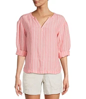 L.L.Bean Linen Striped Split Round Neck Long Sleeve Blouse