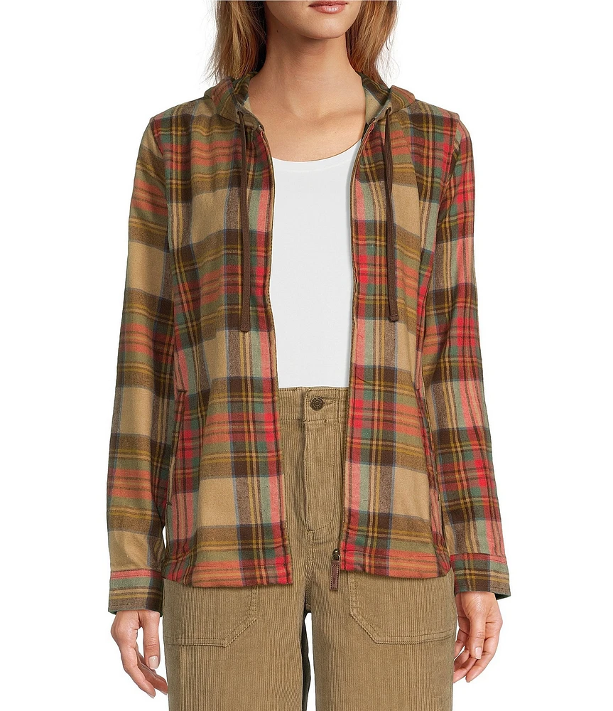 L.L.Bean Scotch Plaid Flannel Relaxed Hooded Long Sleeve Zip-Up Shirt