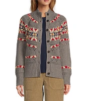 L.L.Bean Signature Fishermen Fair Isle Pattern Rib Knit Stand Collar Long Sleeve Button Down Cardigan