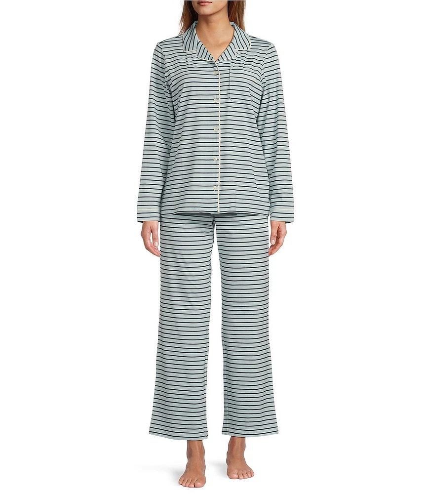 L.L.Bean Super-Soft Shrink-Free Button Front & Pant Striped Pajama Set