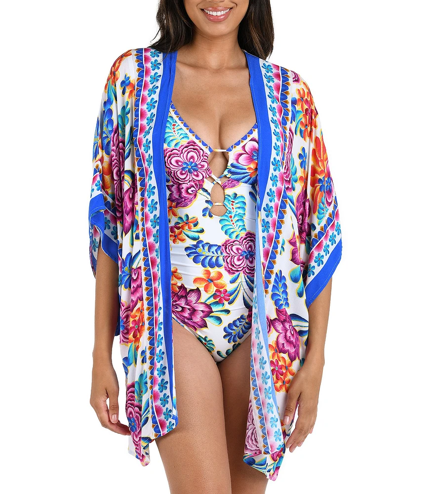 La Blanca Flor De Paradiso Floral Print Dolman Sleeve Open Front Kimono Swim Cover-Up
