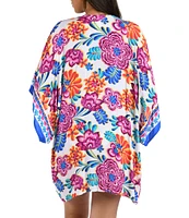 La Blanca Flor De Paradiso Floral Print Dolman Sleeve Open Front Kimono Swim Cover-Up