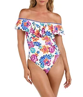 La Blanca Flor De Paradiso Ruffle Off-The-Shoulder Back Lace-Up One Piece Swimsuit