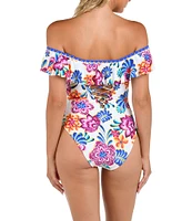 La Blanca Flor De Paradiso Ruffle Off-The-Shoulder Back Lace-Up One Piece Swimsuit