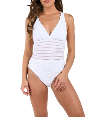 La Blanca Fluid Lines Mesh Multi Strap Cross-Back Tank Tummy Control One Piece Swimsuit