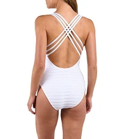 La Blanca Fluid Lines Mesh Multi Strap Cross-Back Tank Tummy Control One Piece Swimsuit