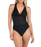 La Blanca Fluid Lines Mesh Multi Strap Cross-Back Tank Tummy Control One Piece Swimsuit