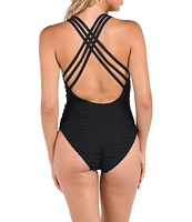 La Blanca Fluid Lines Mesh Multi Strap Cross-Back Tank Tummy Control One Piece Swimsuit