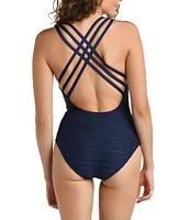 La Blanca Fluid Lines Mesh Multi Strap Cross-Back Tank Tummy Control One Piece Swimsuit