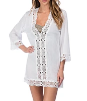 La Blanca Island Fare V-Neck Crinkle Crochet Trim Swim Cover Up Tunic