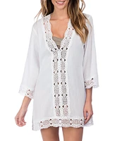 La Blanca Island Fare V-Neck Crinkle Crochet Trim Swim Cover Up Tunic