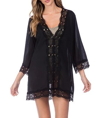 La Blanca Island Fare V-Neck Crinkle Crochet Trim Swim Cover Up Tunic