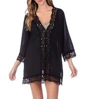 La Blanca Island Fare V-Neck Crinkle Crochet Trim Swim Cover Up Tunic