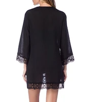 La Blanca Island Fare V-Neck Crinkle Crochet Trim Swim Cover Up Tunic