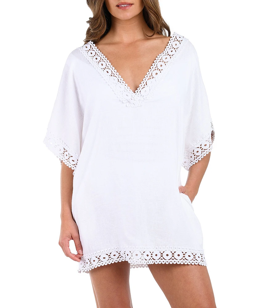 La Blanca Lake Side Linen Crochet Trim V-Neck Tunic Swim Cover-Up