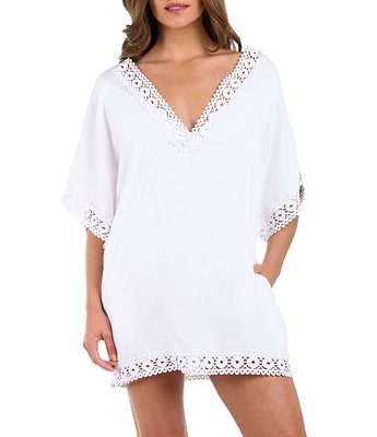 La Blanca Lake Side Linen Crochet Trim V-Neck Tunic Swim Cover-Up