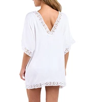La Blanca Lake Side Linen Crochet Trim V-Neck Tunic Swim Cover-Up