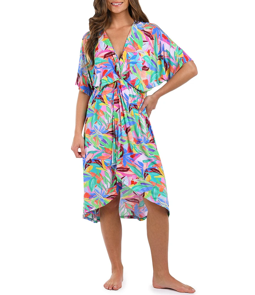 La Blanca Tropi-Flage Front Twist High-Low Midi Swim Cover-Up Dress