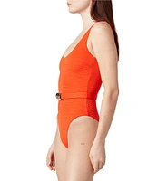 La Porte Mandy Jacquard Scoop Neck Signature Hardware Belt One Piece Swimsuit