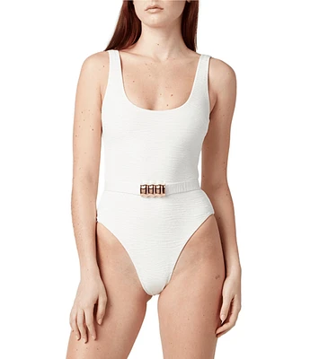La Porte Mandy Jacquard Scoop Neck Signature Hardware Belt One Piece Swimsuit