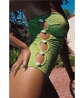 La Porte Stephanie Jacquard Side Cut-Out Pearl Bandeau One Piece Swimsuit