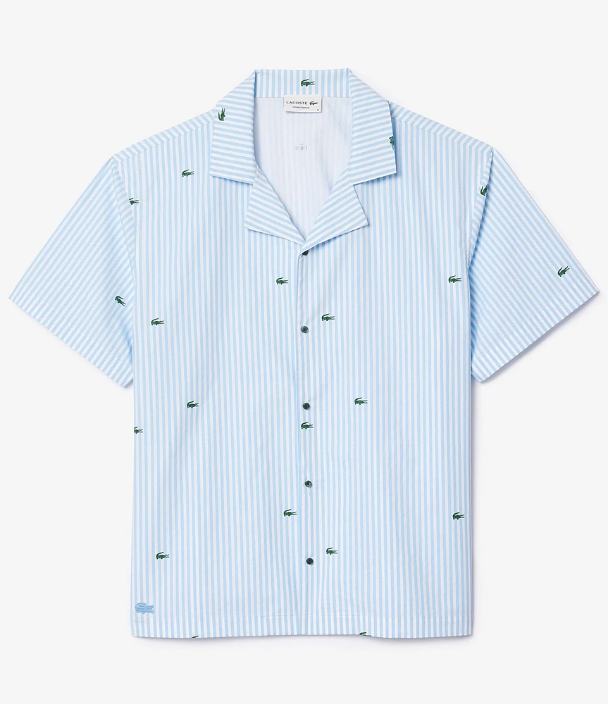 Lacoste Striped/Crocodile-Embroidered Short Sleeve Woven Sleep Shirt