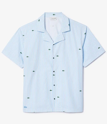 Lacoste Striped/Crocodile-Embroidered Short Sleeve Woven Sleep Shirt