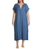 Landry Plus Size Solid Chambray Short Sleeve Split V-Neck Woven Caftan