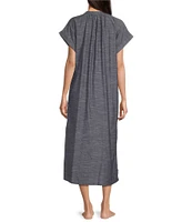Landry Short Sleeve Split Round Neck Button Front Denim Caftan
