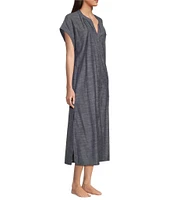 Landry Short Sleeve Split Round Neck Button Front Denim Caftan