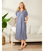 Landry Short Sleeve Split Round Neck Button Front Denim Caftan
