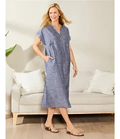 Landry Short Sleeve Split Round Neck Button Front Denim Caftan