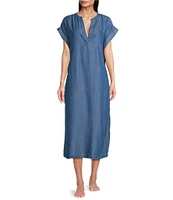 Landry Solid Chambray Short Sleeve Split V-Neck Woven Caftan