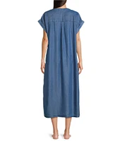 Landry Solid Chambray Short Sleeve Split V-Neck Woven Caftan