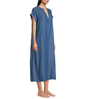 Landry Solid Chambray Short Sleeve Split V-Neck Woven Caftan