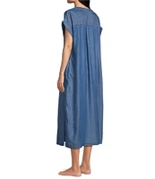 Landry Solid Chambray Short Sleeve Split V-Neck Woven Caftan