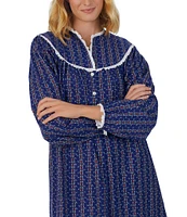 Lanz of Salzburg Allover Novelty Print Cotton Flannel Eyelet Lace V-Neck Ballet Holiday Nightgown