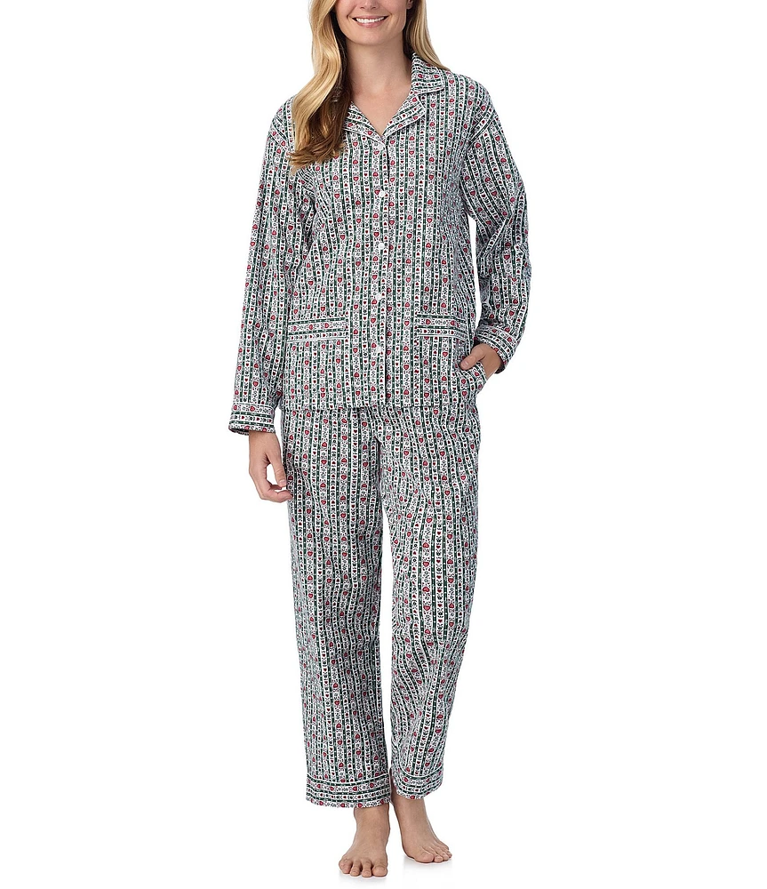 Lanz of Salzburg Allover Printed Cotton Flannel Long Sleeve Notch Collar Holiday Heart Print Pajama Set