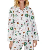 Lanz of Salzburg Holiday Wreath Puppy Printed Cotton Flannel Long Sleeve Notch Collar Holiday Pajama Set