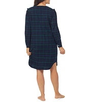 Lanz of Salzburg Plaid Print Cotton Flannel Long Sleeve Ruffled Short Nightgown