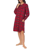 Lanz of Salzburg Plaid Print Cotton Flannel Long Sleeve Ruffled Short Nightgown