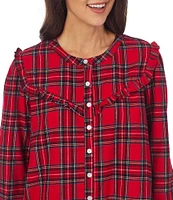 Lanz of Salzburg Plaid Print Cotton Flannel Long Sleeve Ruffled Short Nightgown