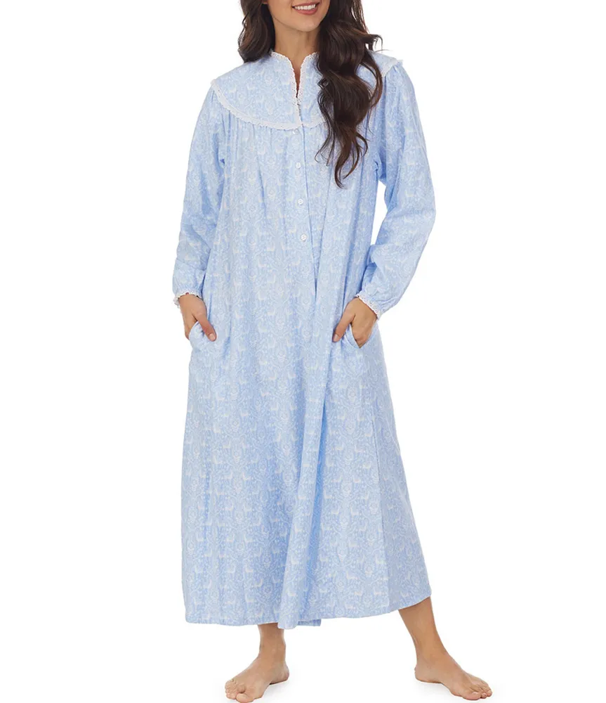 Lanz of Salzburg Printed Cotton Flannel Eyelet Lace V-Neck Ballet Nightgown