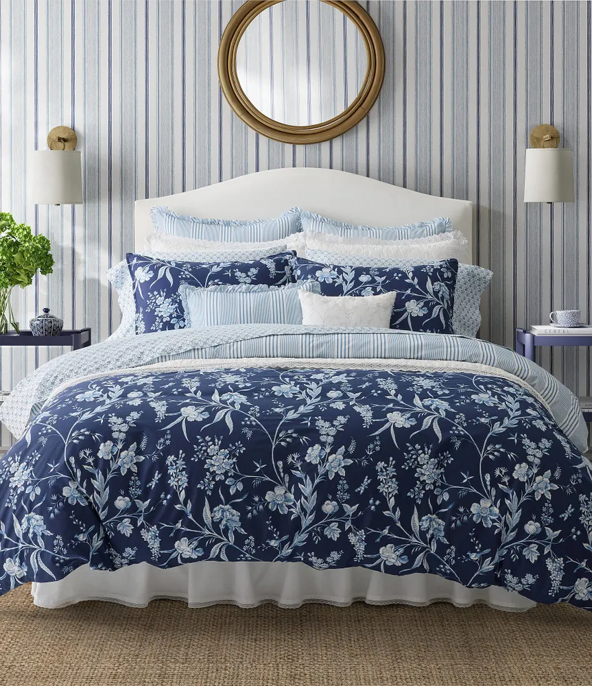 Laura Ashley Branch Toile Blue 7-Piece Reversible Comforter Bonus Set