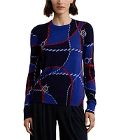 Lauren Ralph Cotton Blend Rope Print Crew Neck Long Sleeve Sweater